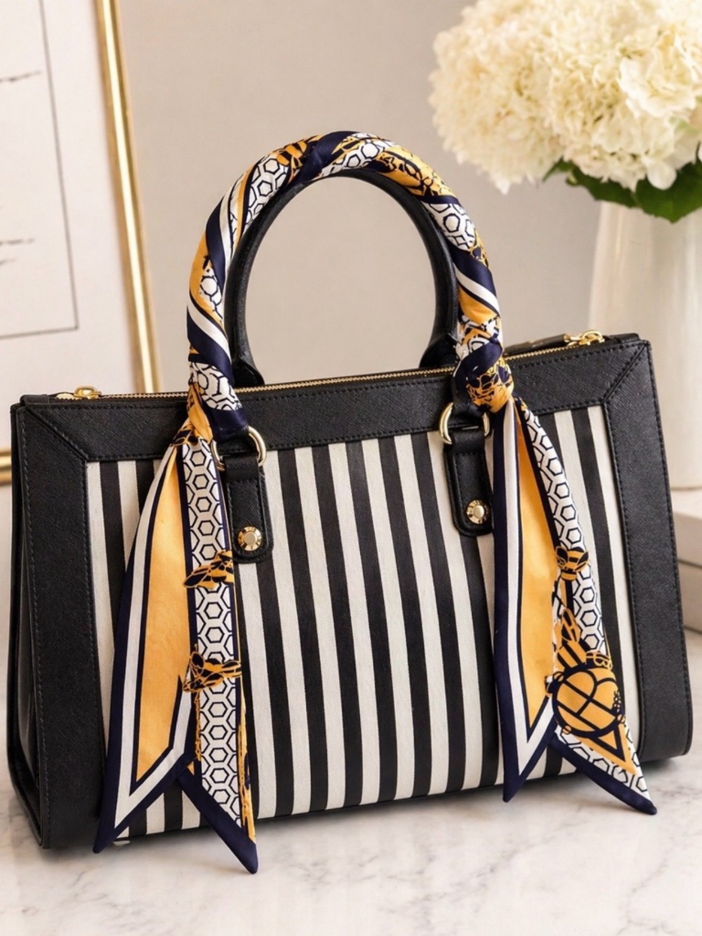 HB 1895 BEE SKINNY SCARF BLACK GOLD HAIR RIBBON NECK WRIST TIE BAG HANDLE WRAP